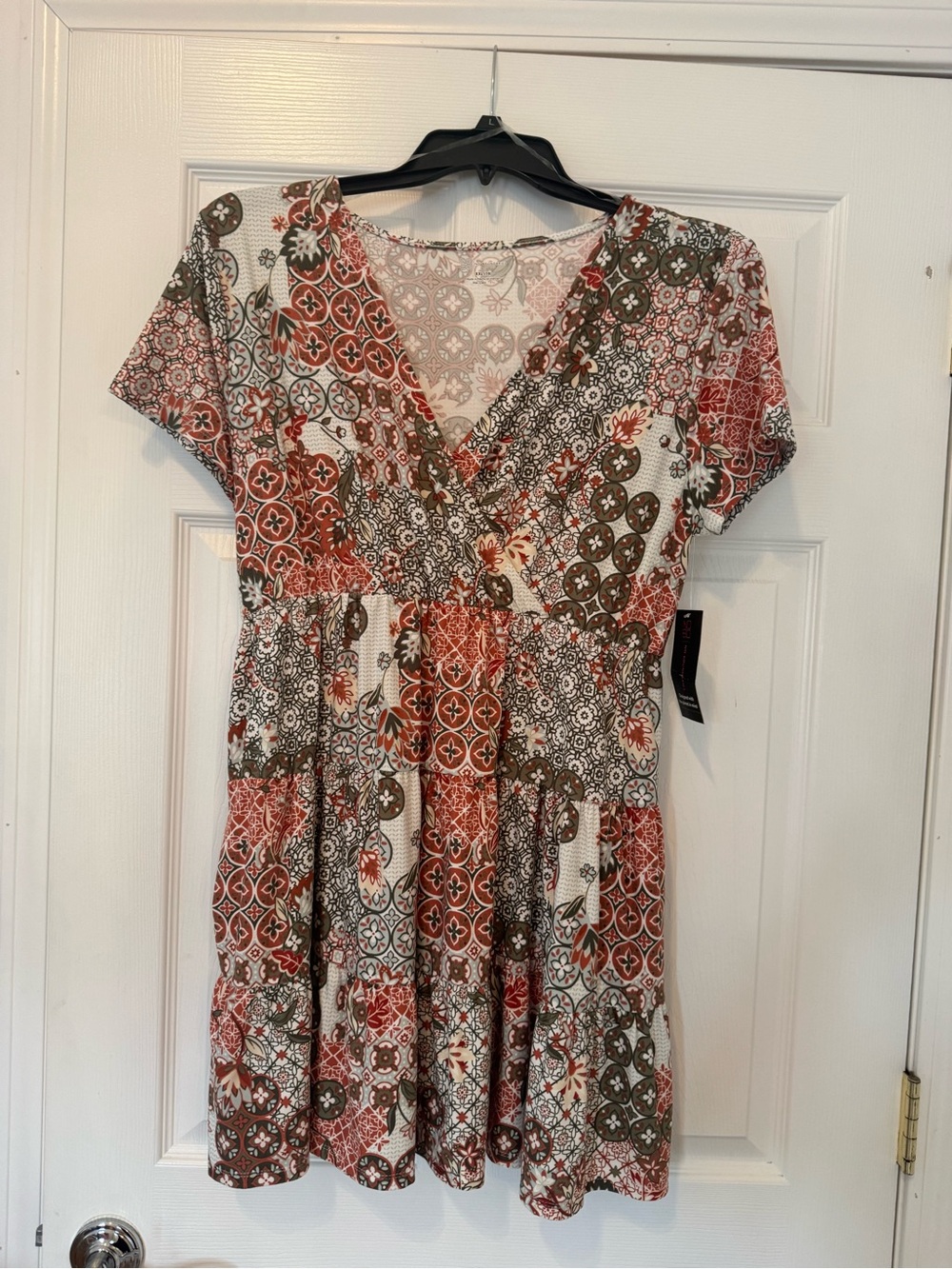 Short Patchwork Print Dress in Rust, Olive & Cream